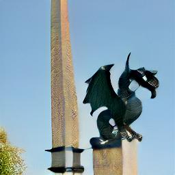 generated: A black dragon perched on top of a tall Egyptian obelisk and breathing flames at a knight on the ground #1