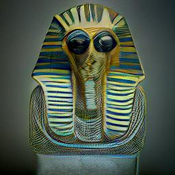 generated: A portrait of a metal statue of a pharaoh wearing steampunk glasses and a leather jacket over a white t-shirt that has a drawing of a space shuttle on it. #4