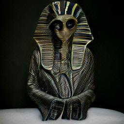 generated: A portrait of a metal statue of a pharaoh wearing steampunk glasses and a leather jacket over a white t-shirt that has a drawing of a space shuttle on it. #5