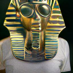 generated: A portrait of a metal statue of a pharaoh wearing steampunk glasses and a leather jacket over a white t-shirt that has a drawing of a space shuttle on it. #3